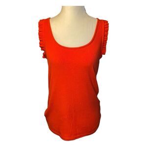 J. Crew Ruffle Shoulder Ribbed Tank Top Red Knit Sleeveless Scoop Neck S
